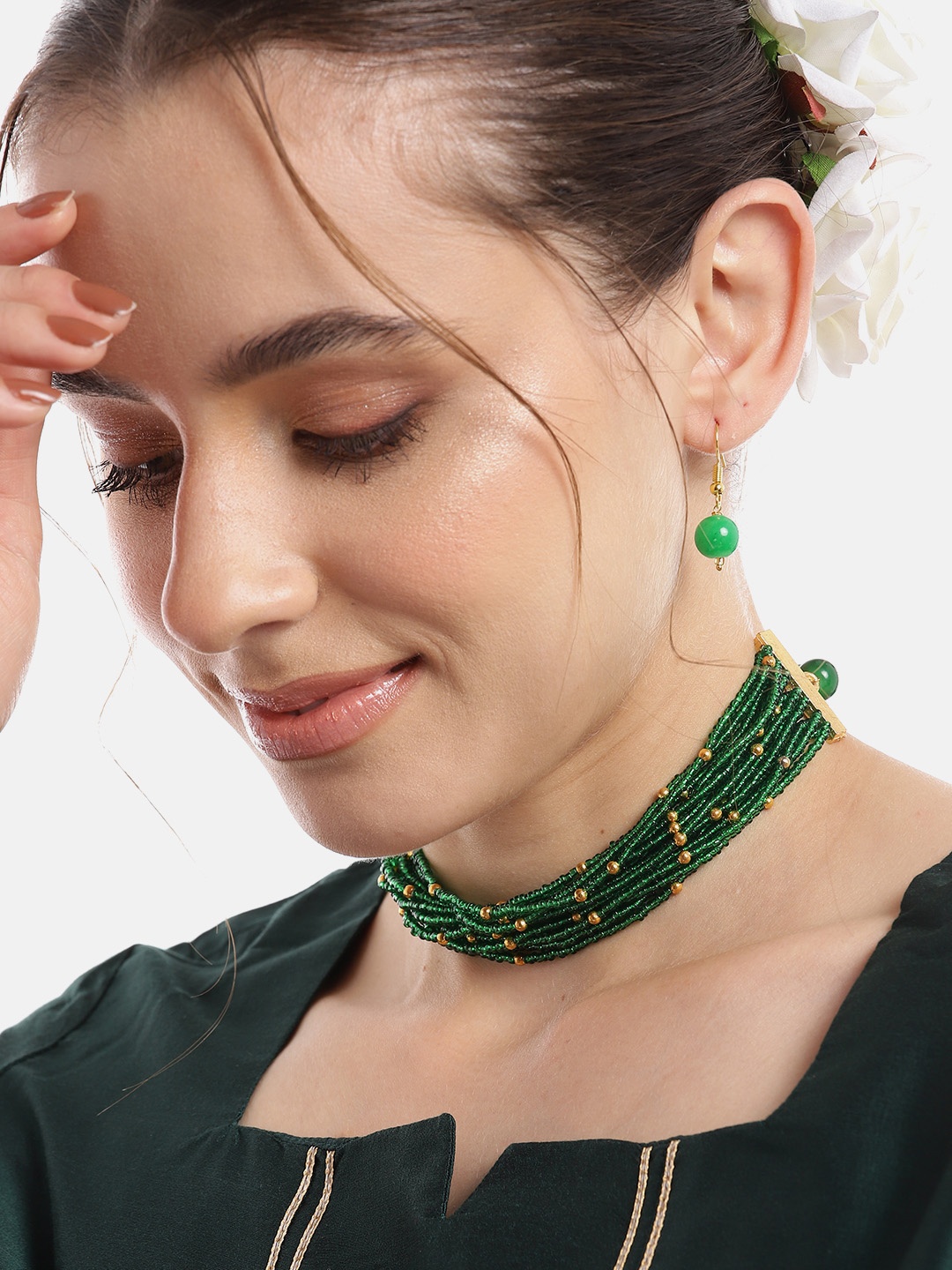 

Anouk Women Gold-Plated Onyx Studded Choker Necklace with Earrings, Green