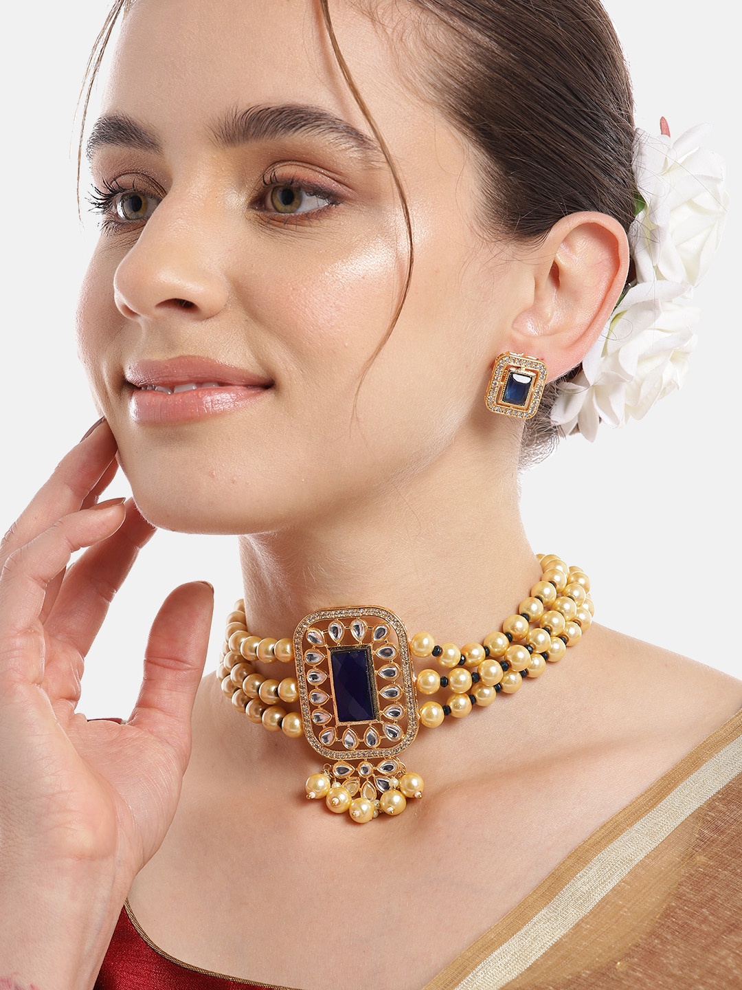 

Anouk Women Gold-Plated Kundan & Pearl Studded Choker Necklace with Earrings, Blue