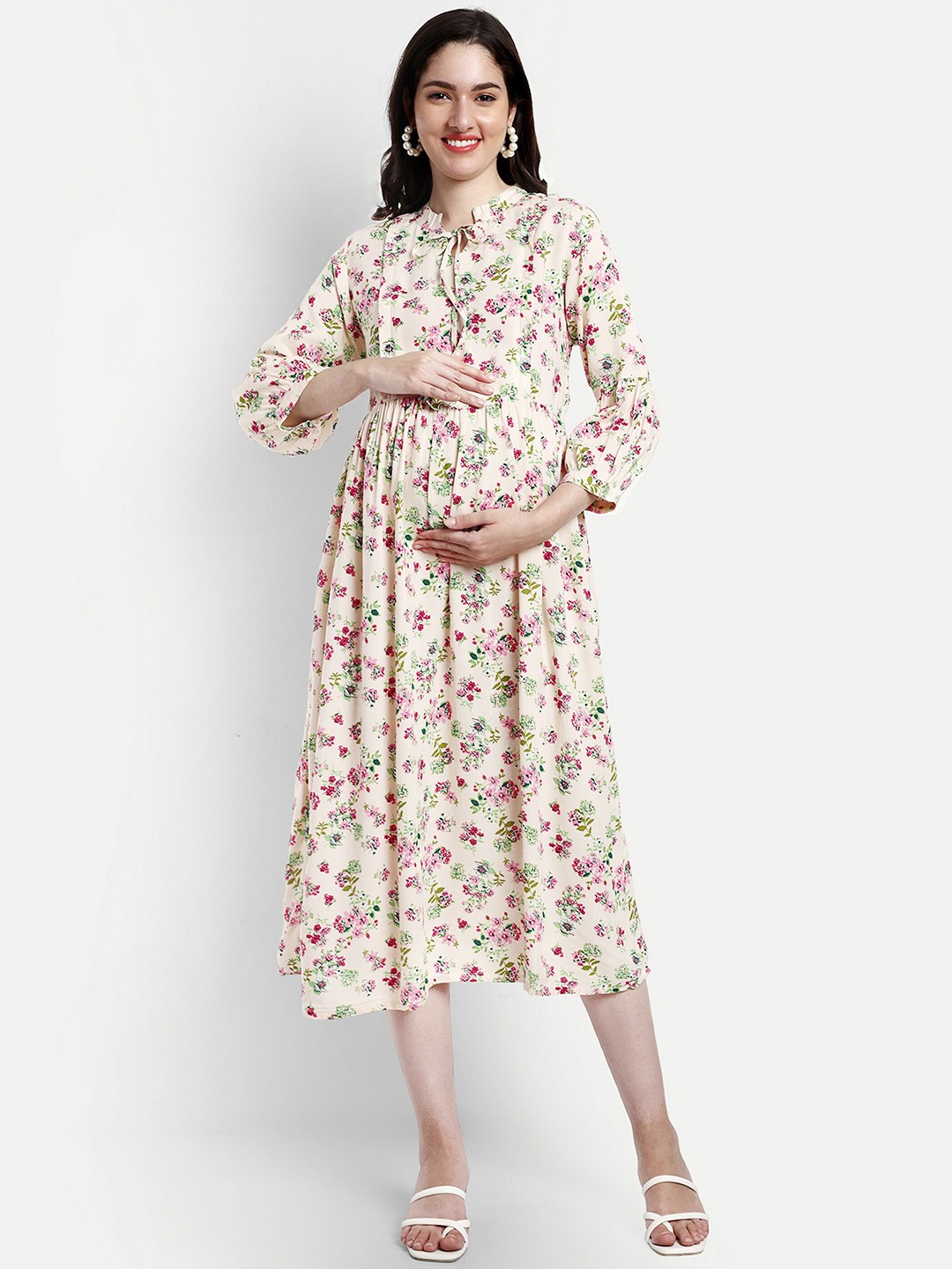 

Aaruvi Ruchi Verma Floral Printed Tie-Up Neck Maternity Fit & Flare Midi Dress, Cream