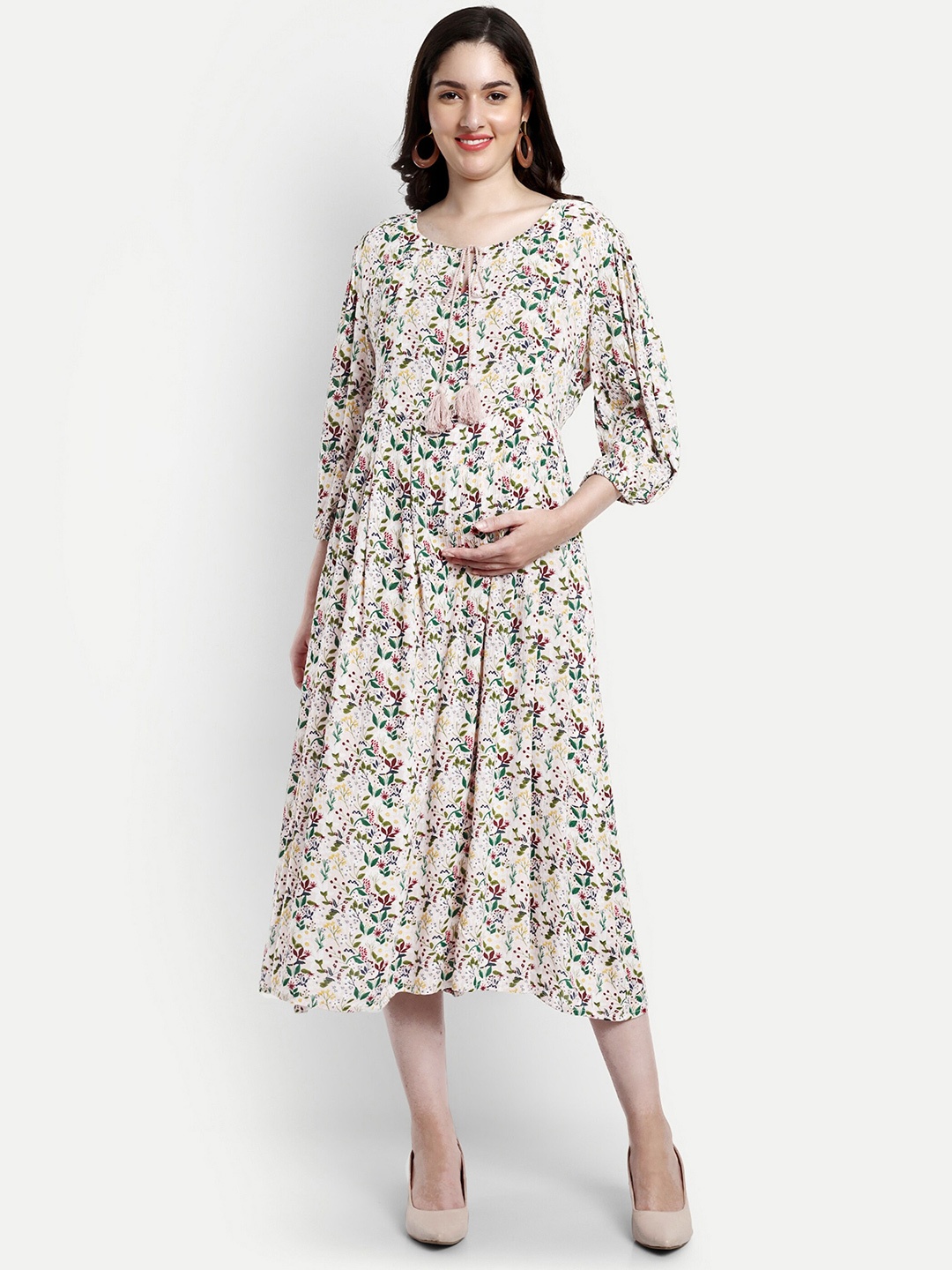 

Aaruvi Ruchi Verma Floral Printed Tie-Up Neck Maternity Fit & Flare Midi Dress, Off white