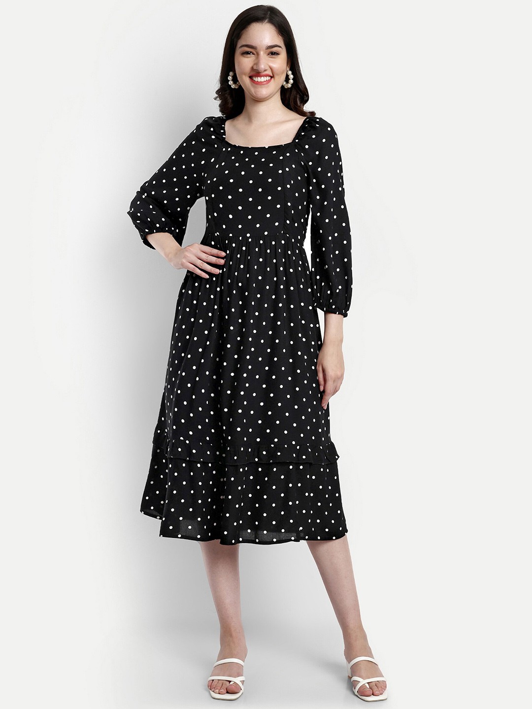 

Aaruvi Ruchi Verma Polka Dot Printed Square Neck Maternity Fit & Flare Midi Dress, Black