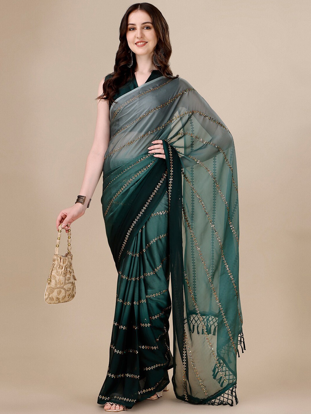 

KALINI Embellished Sequinned Saree, Green