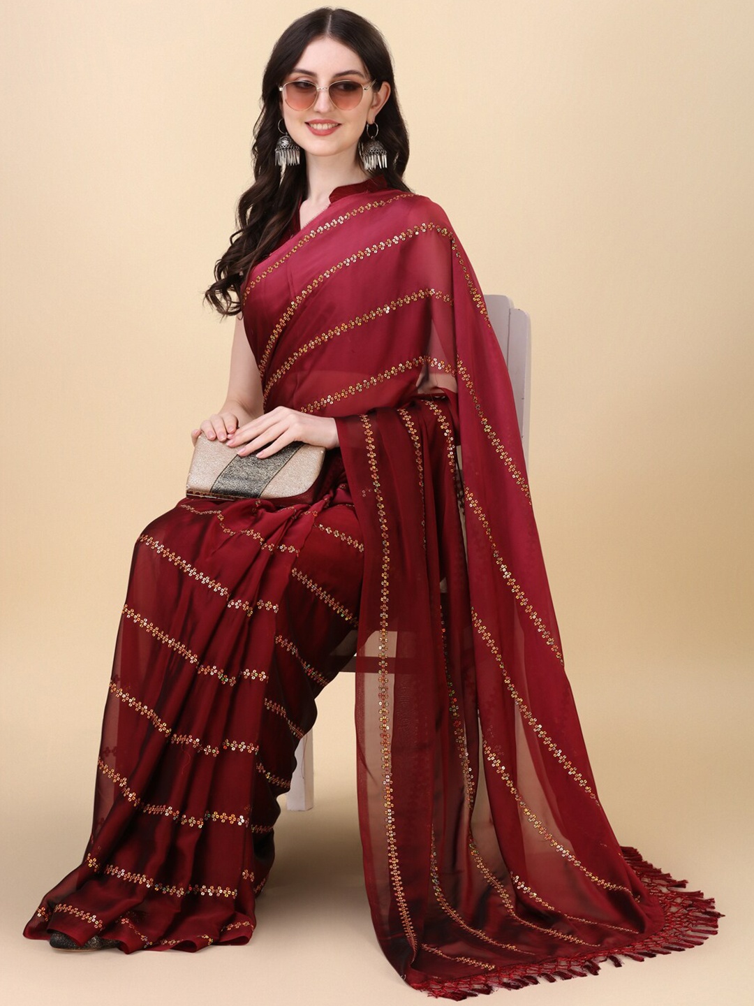 

KALINI Embellished Sequinned Saree, Red