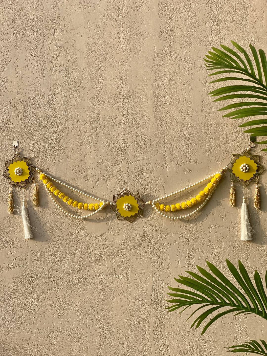 

Mason Home Yellow & Beige Artificial Marigold Pearl Beaded Lasercut Toran, White