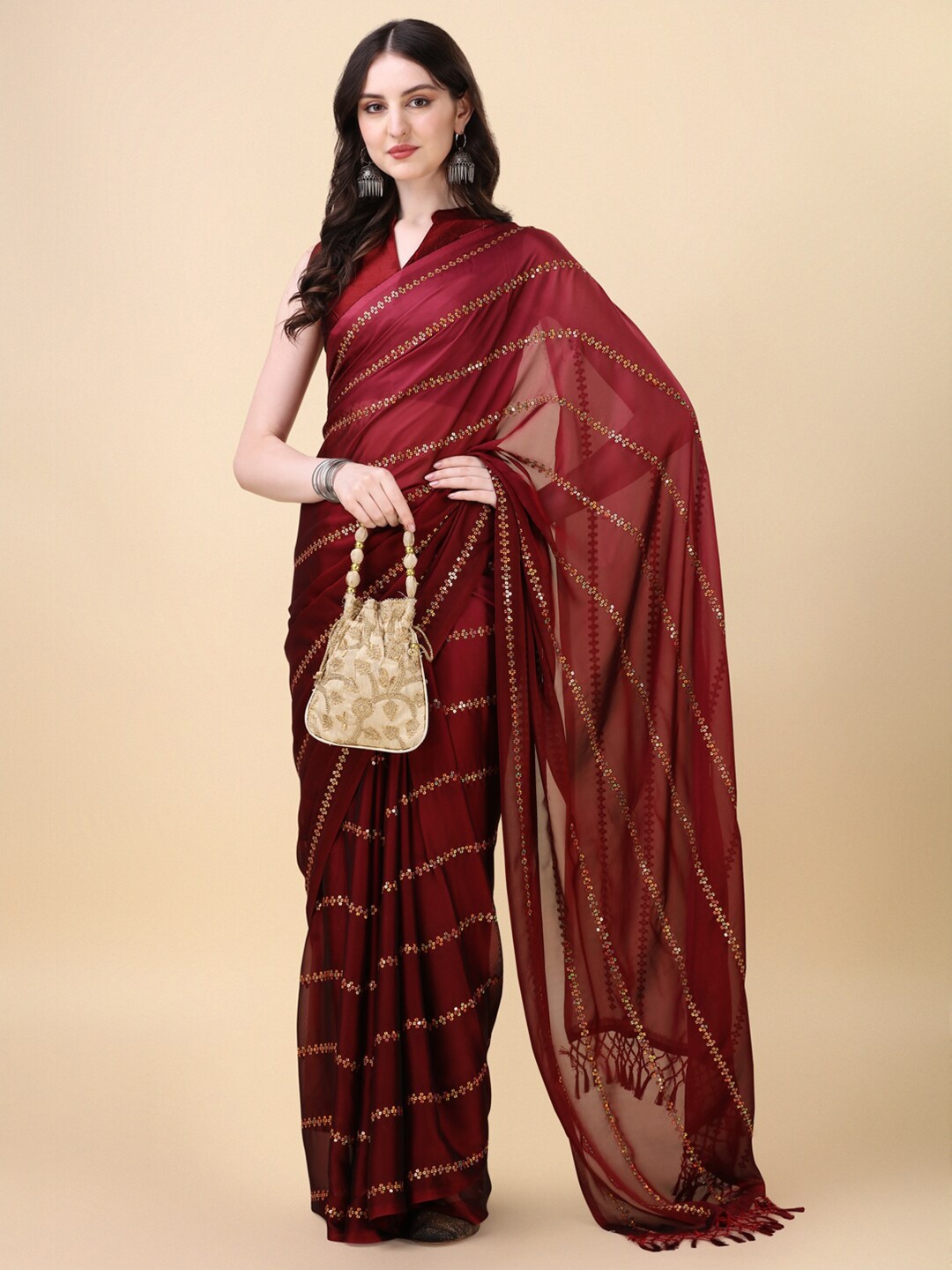 

KALINI Embellished Sequinned Saree, Red