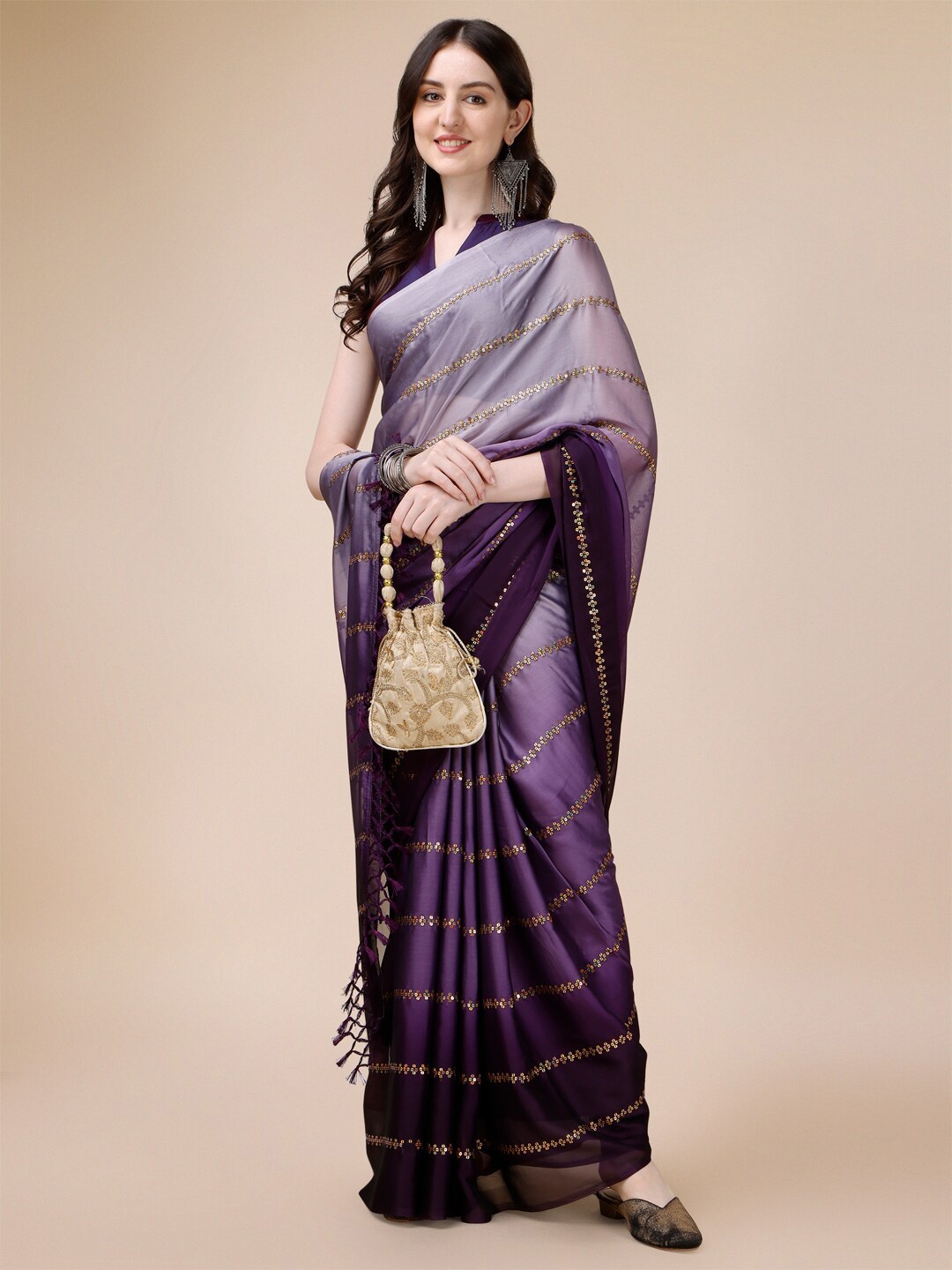 

KALINI Embellished Sequinned Saree, Purple