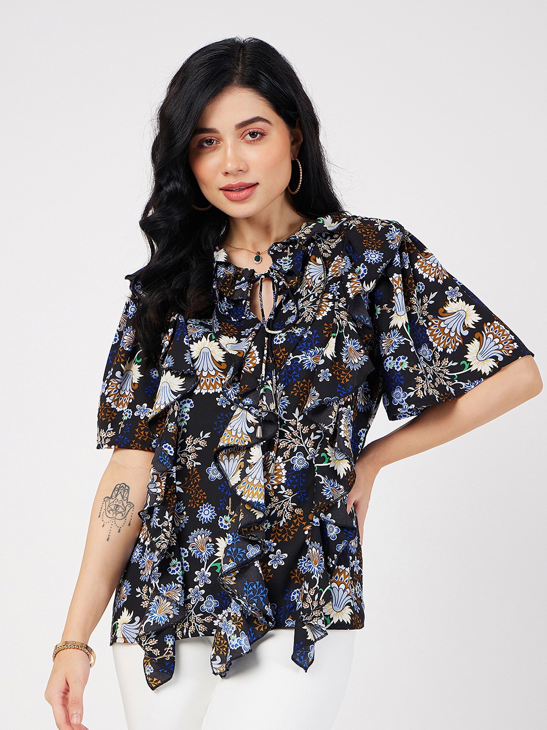 

SASSAFRAS Floral Printed Tie-Up Neck Flared Sleeves Ruffled Georgette Top, Navy blue