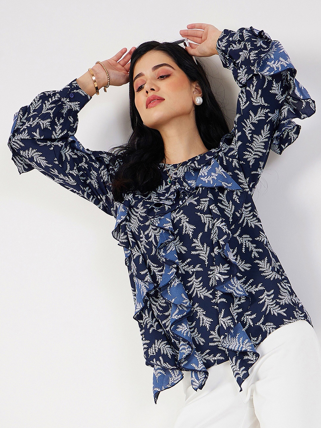 

SASSAFRAS Floral Printed Ruffled Georgette Top, Navy blue