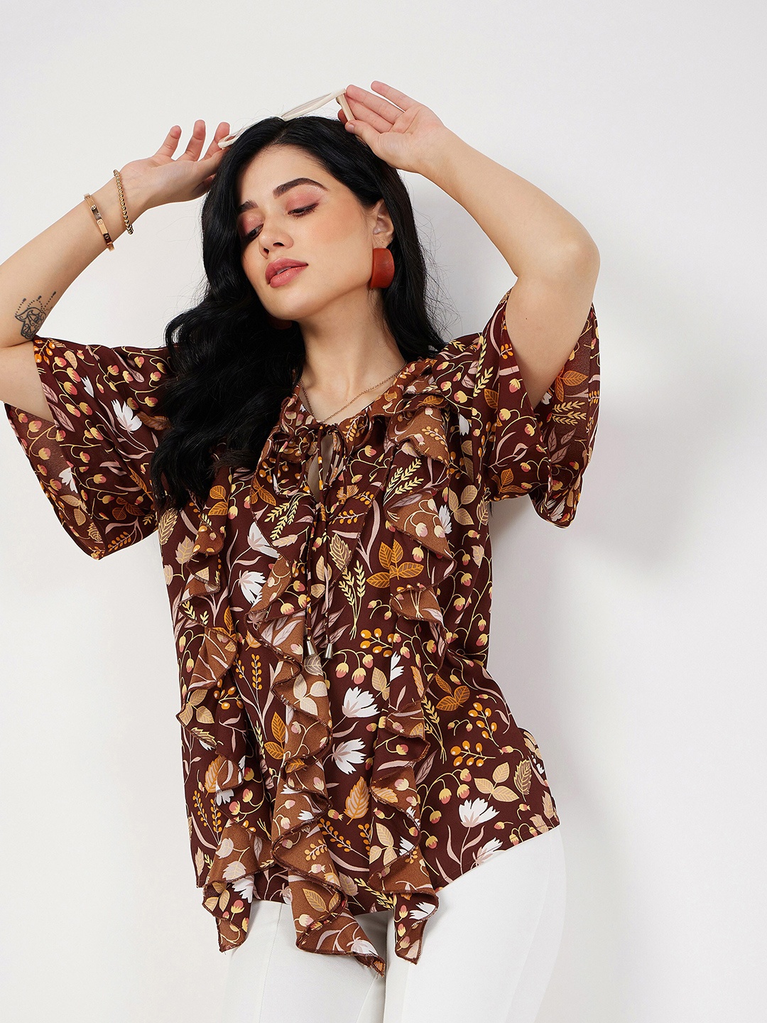 

SASSAFRAS Floral Printed Tie Up Neck Flared Sleeves Ruffled Georgette Top, Brown