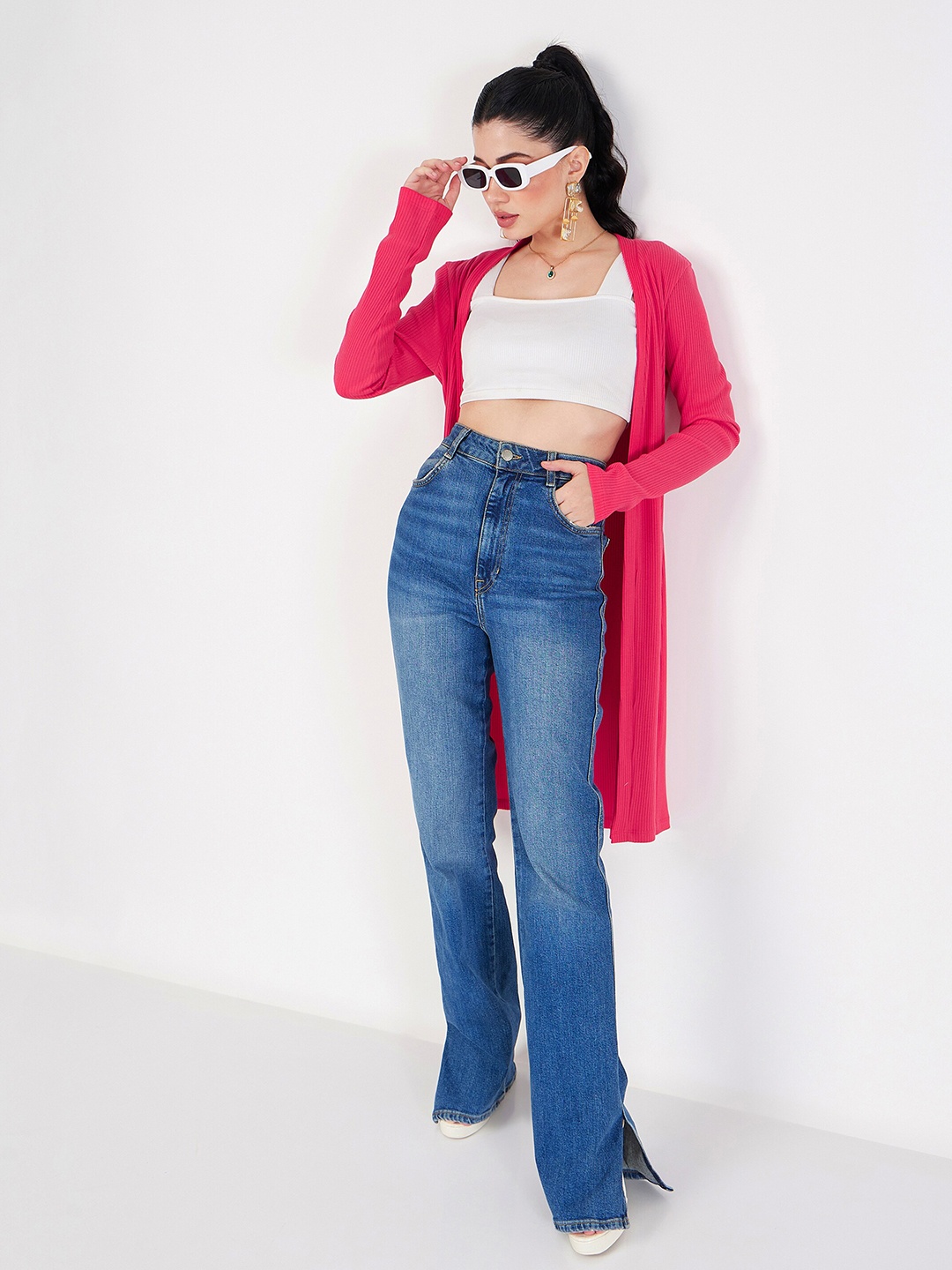 

SASSAFRAS Ribbed Open Front Shrug, Magenta