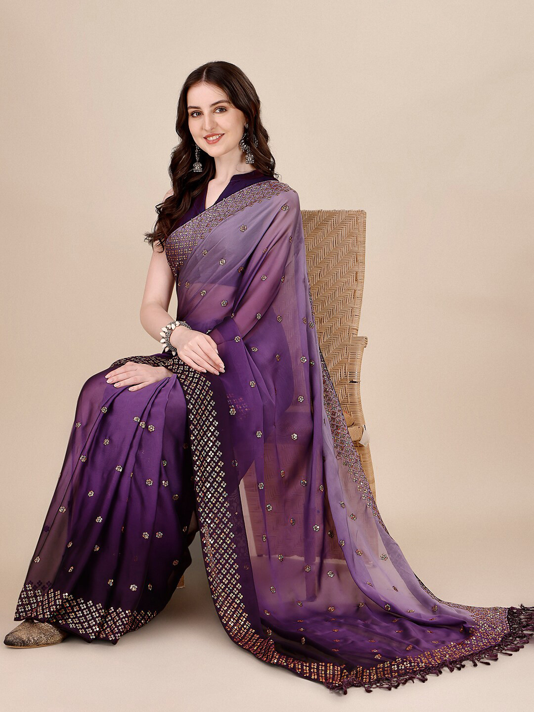 

KALINI Ombre Dyed Sequined Saree, Purple