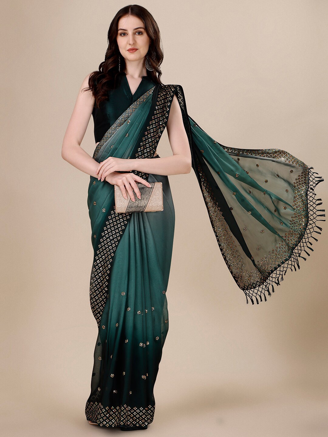 

KALINI Sequins Embellished Ombre Silk Blend Saree, Green