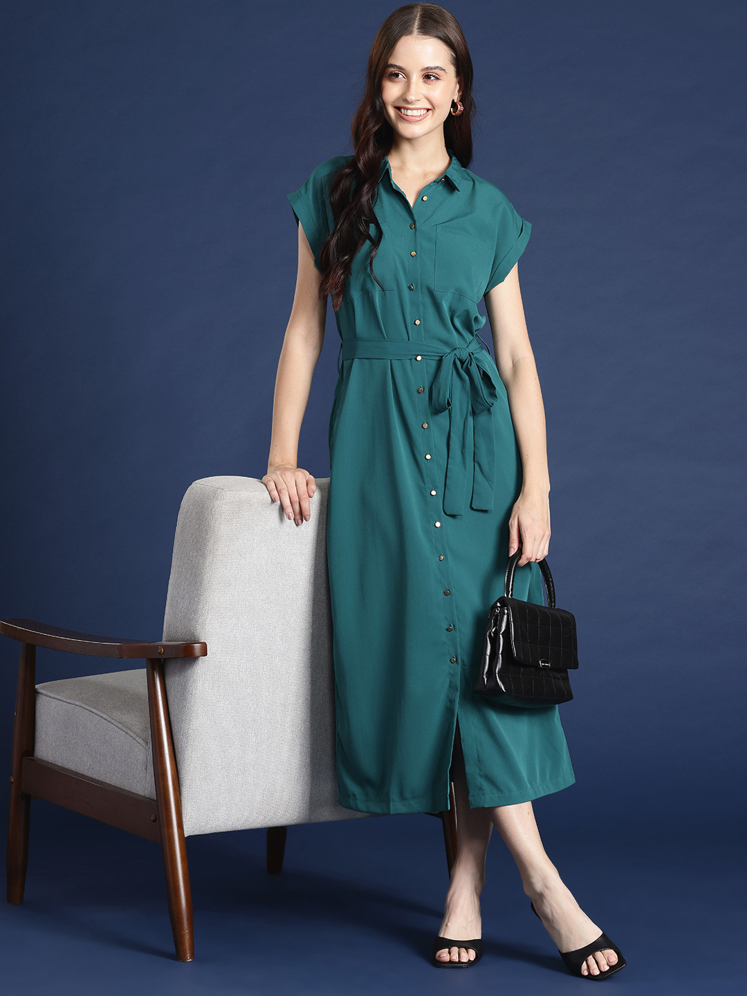 

Mast & Harbour Formal Shirt Midi Dress with Belt, Teal