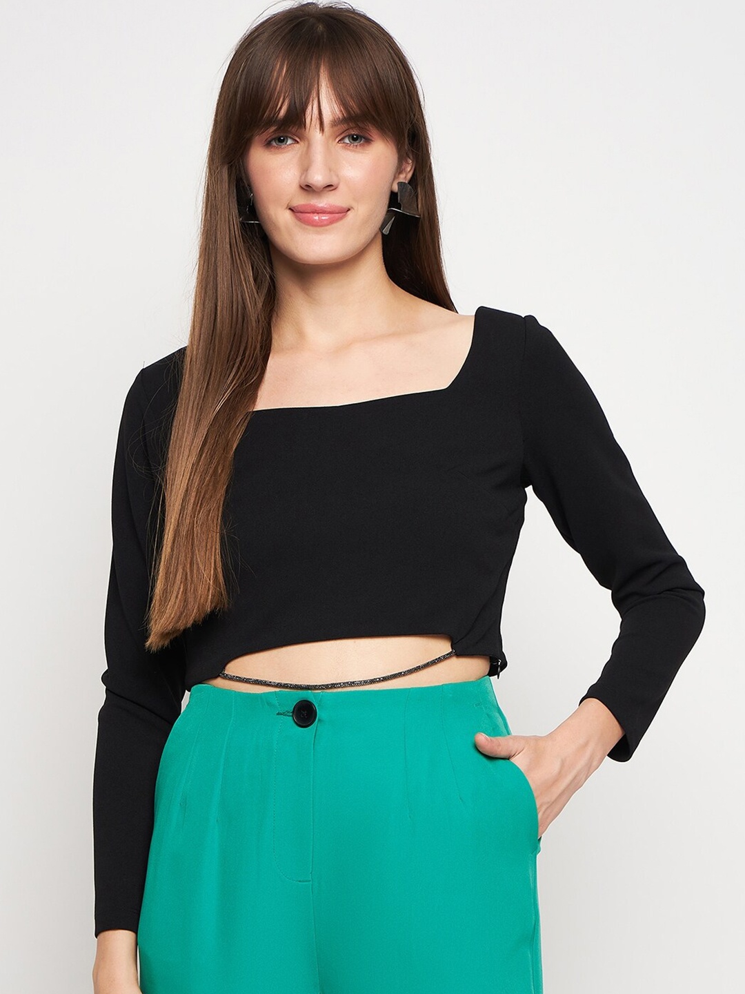 

Madame Square Neck Fitted Crop Top, Black