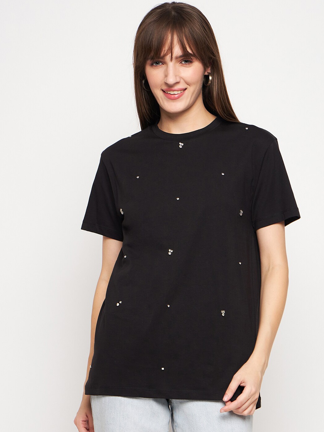 

Madame Embellished Round Neck Cotton Regular Top, Black