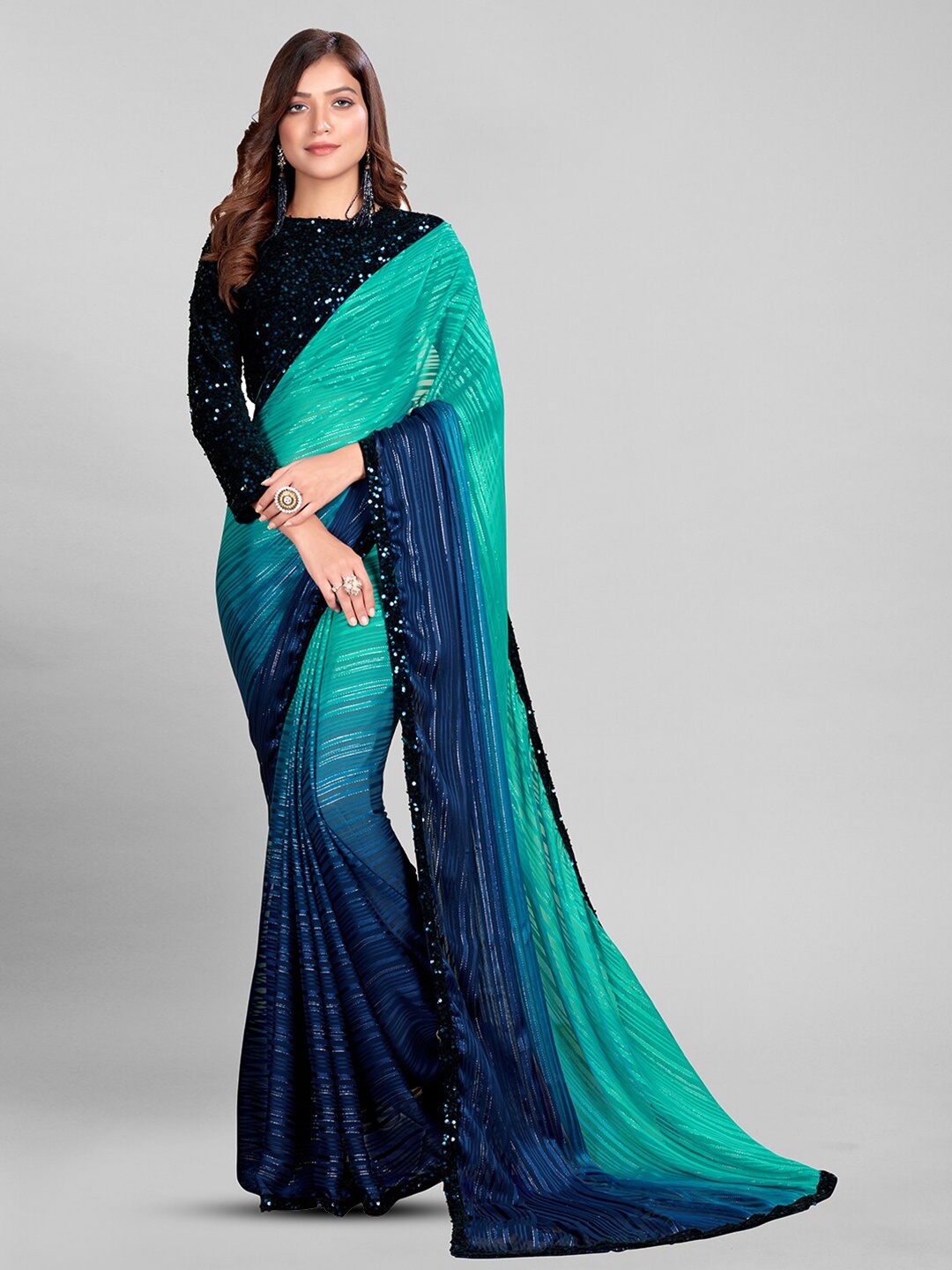 

KALINI Embellished Sequinned Silk Blend Saree, Blue