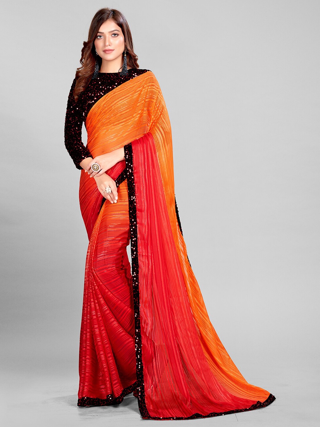 

KALINI Striped Sequin Embellished Saree, Orange