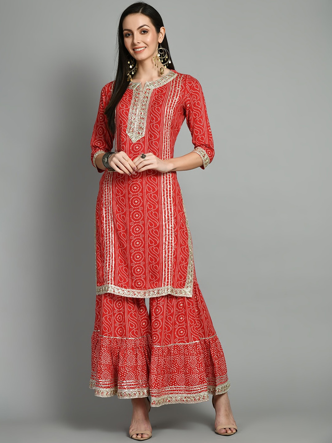 

DOISA Women Red Bandhani Printed Regular Kurta with Sharara