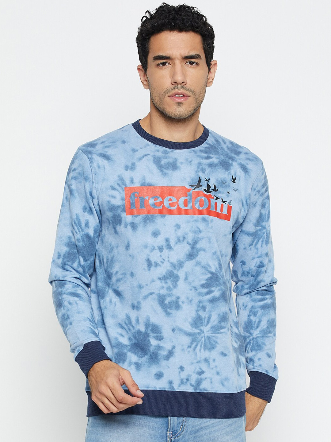 

Mast & Harbour Tie and Dyed Round Neck Long Sleeves Pullover, Blue
