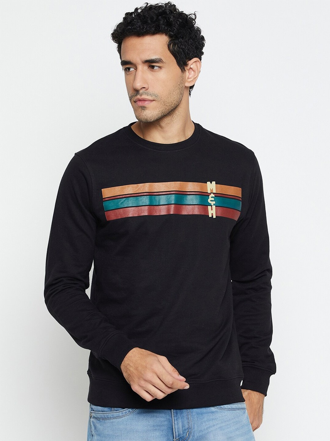 

Mast & Harbour Striped Round Neck Long Sleeves Pullover, Black