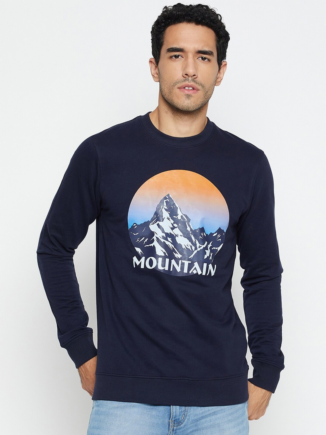 

Mast & Harbour Graphic Printed Round Neck Long Sleeves Pullover, Blue
