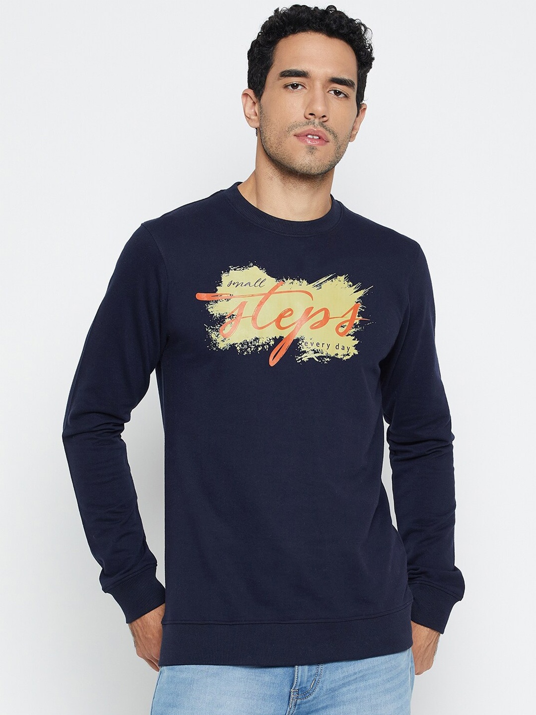 

Mast & Harbour Typography Printed Round Neck Long Sleeves Pullover, Navy blue