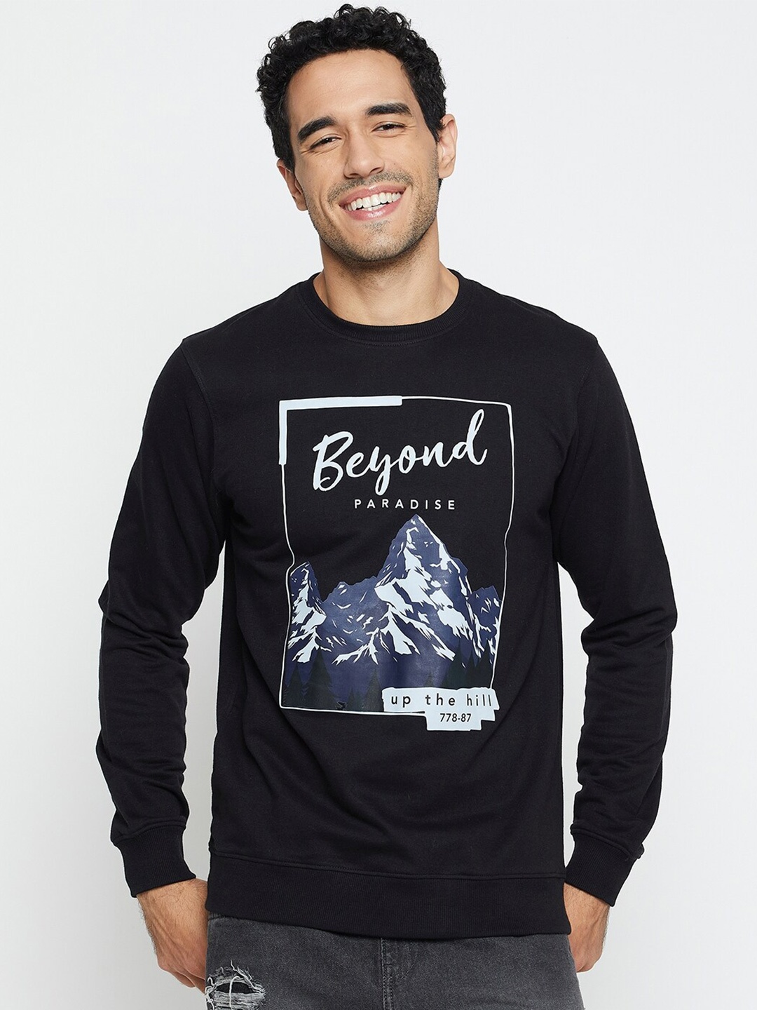 

Mast & Harbour Graphic Printed Round Neck Long Sleeves Pullover, Black