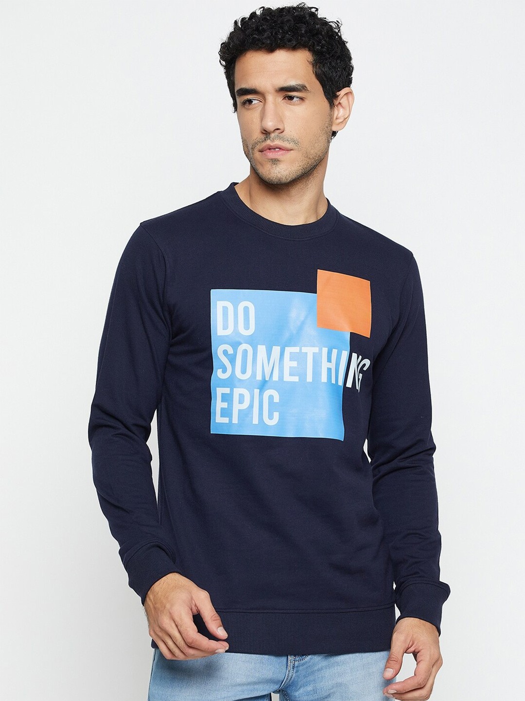 

Mast & Harbour Typography Printed Round Neck Long Sleeves Pullover, Navy blue
