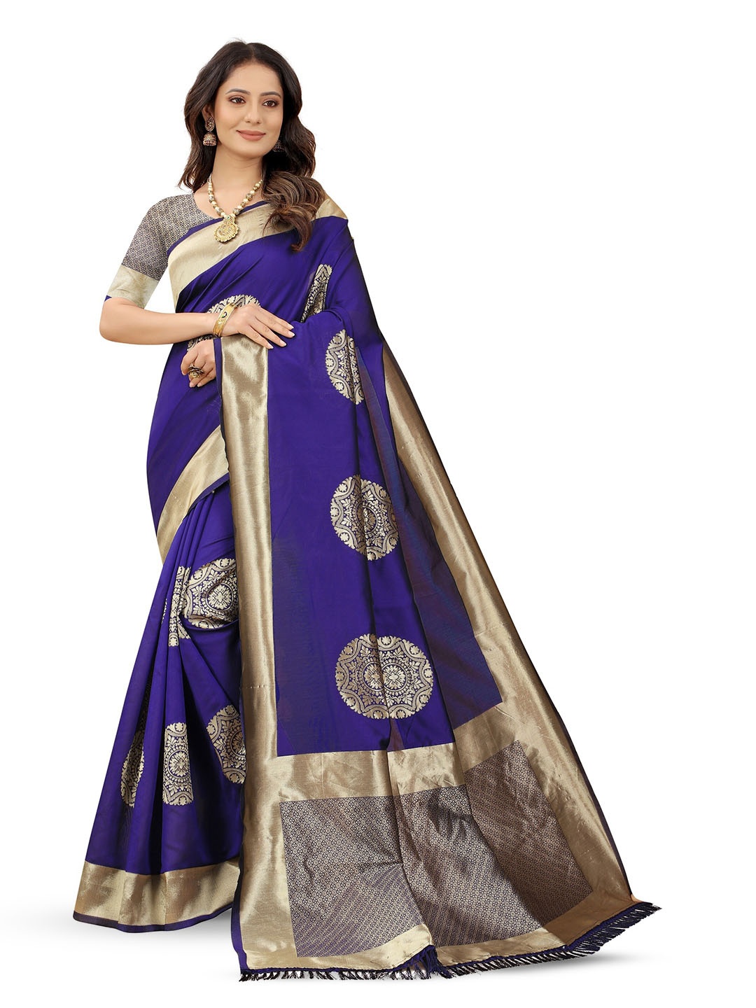 

BARKIYA CREATION Ethnic Motifs Woven Design Zari Pure Cotton Banarasi Saree, Blue
