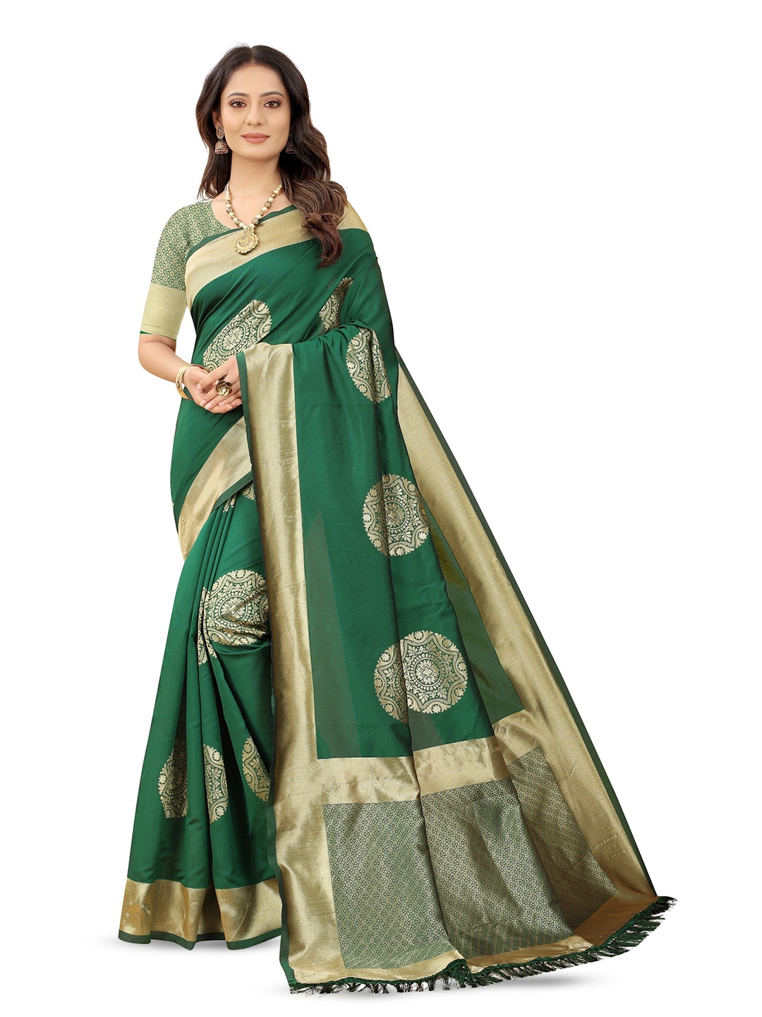 

BARKIYA CREATION Ethnic Motifs Woven Design Zari Pure Cotton Banarasi Saree, Green