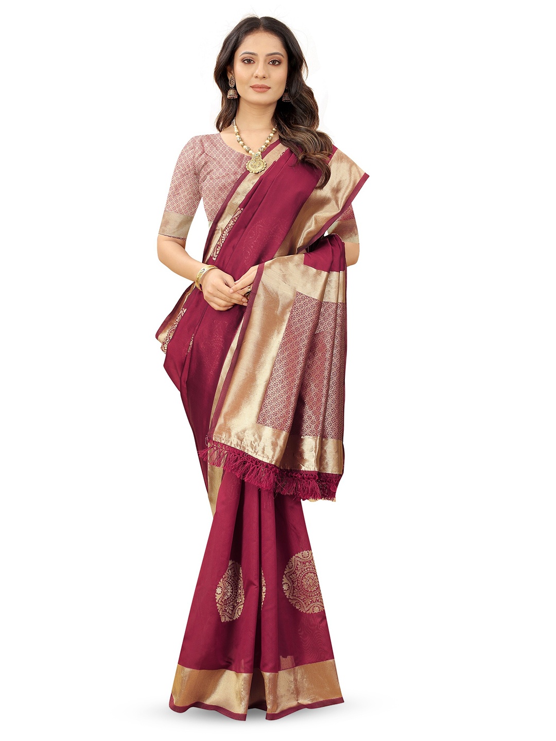 

BARKIYA CREATION Ethnic Motifs Woven Design Zari Pure Cotton Banarasi Saree, Maroon