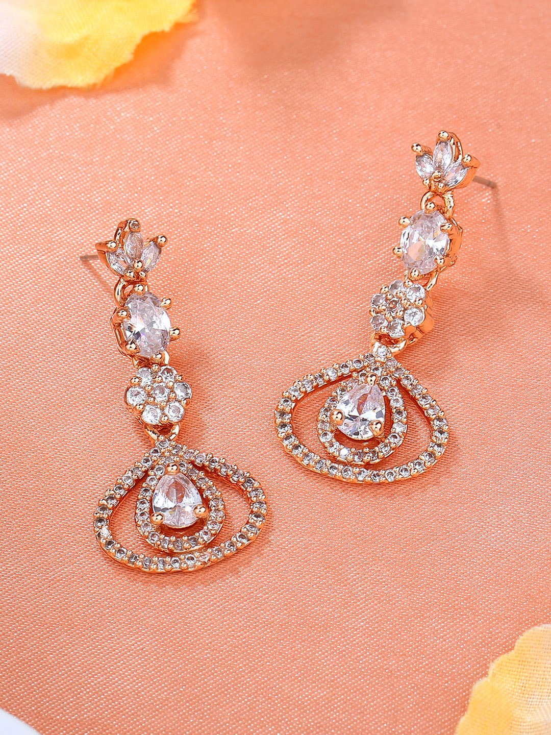 

Estele Rose Gold-Plated Cubic Zirconia Studded Geometric Drop Earrings