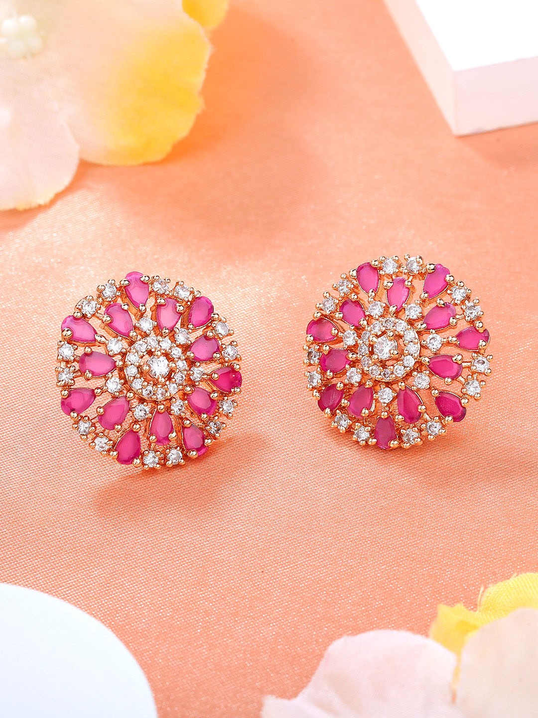 

Estele Rose Gold-Plated Cubic Zirconia Studded Floral Studs Earrings