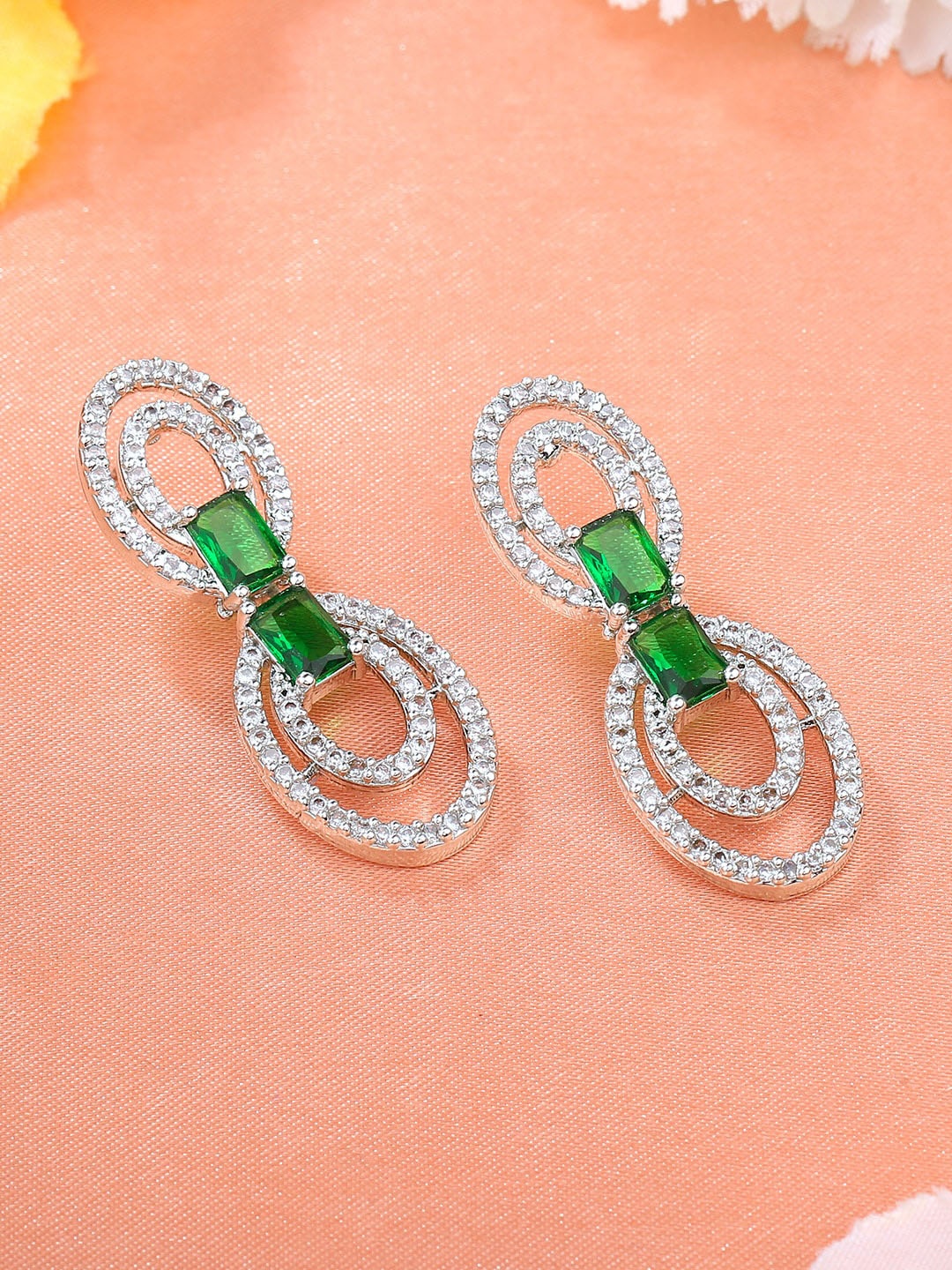 

Estele Rhodium-Plated Cubic Zirconia Studded Oval Drop Earrings, Silver