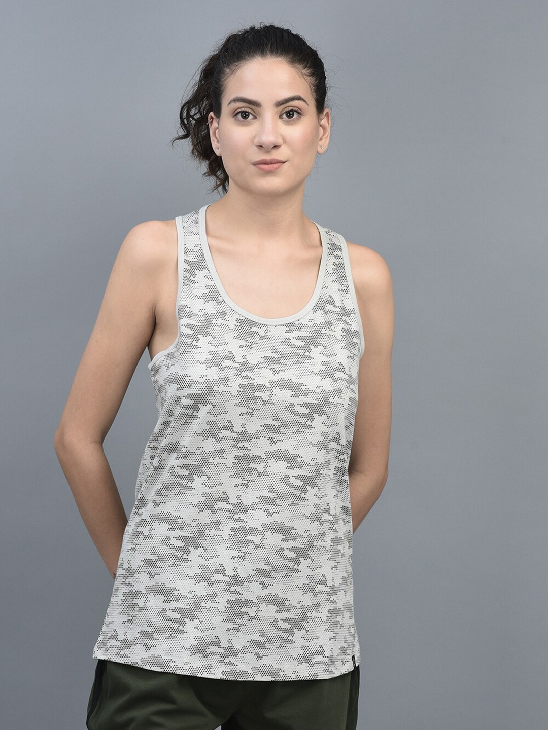 

Dollar Geometric Printed Scoop Neck Pure Cotton Tank Top, Grey