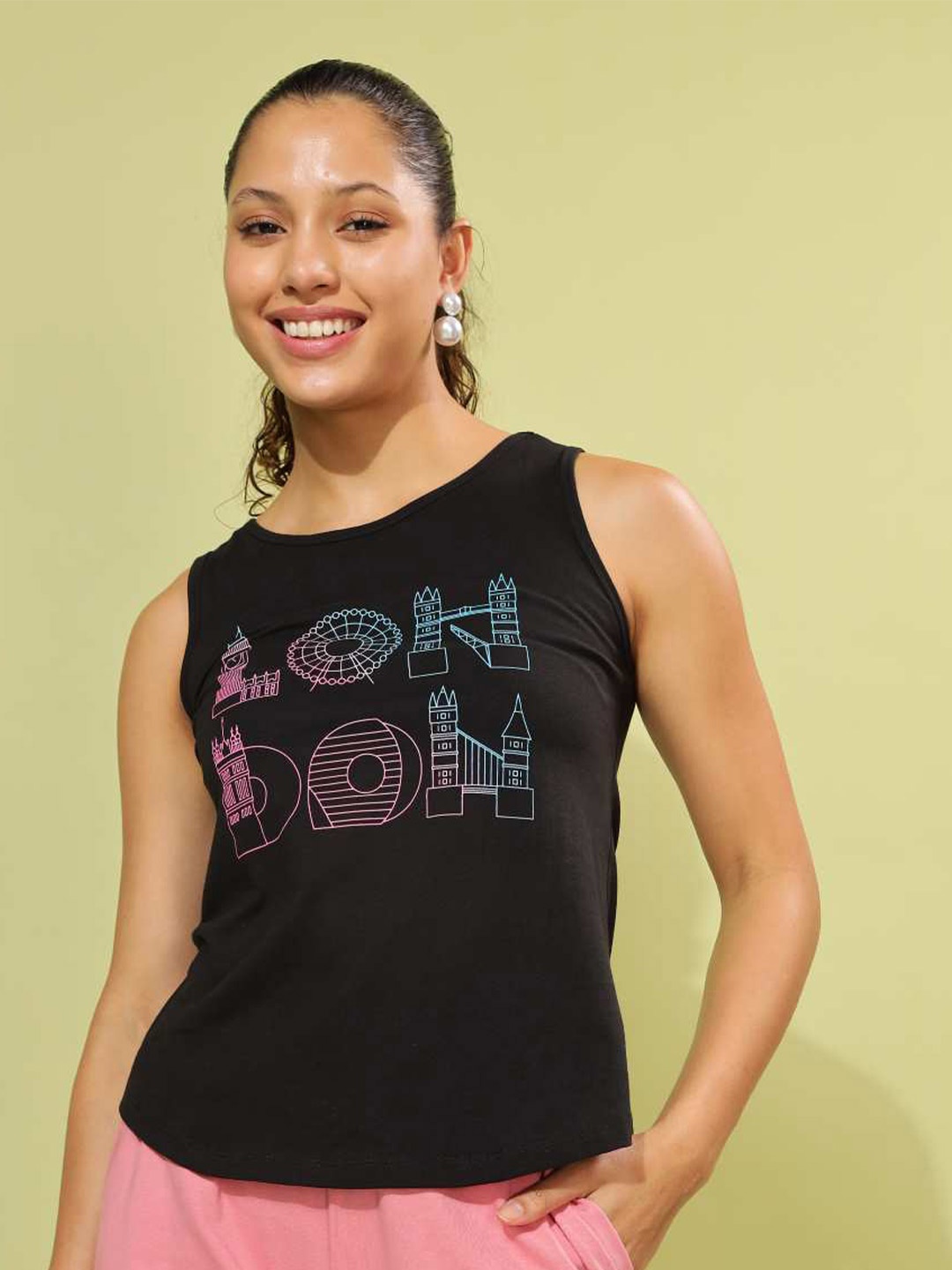 

Dollar Graphic Printed Pure Cotton Tank Top, Black