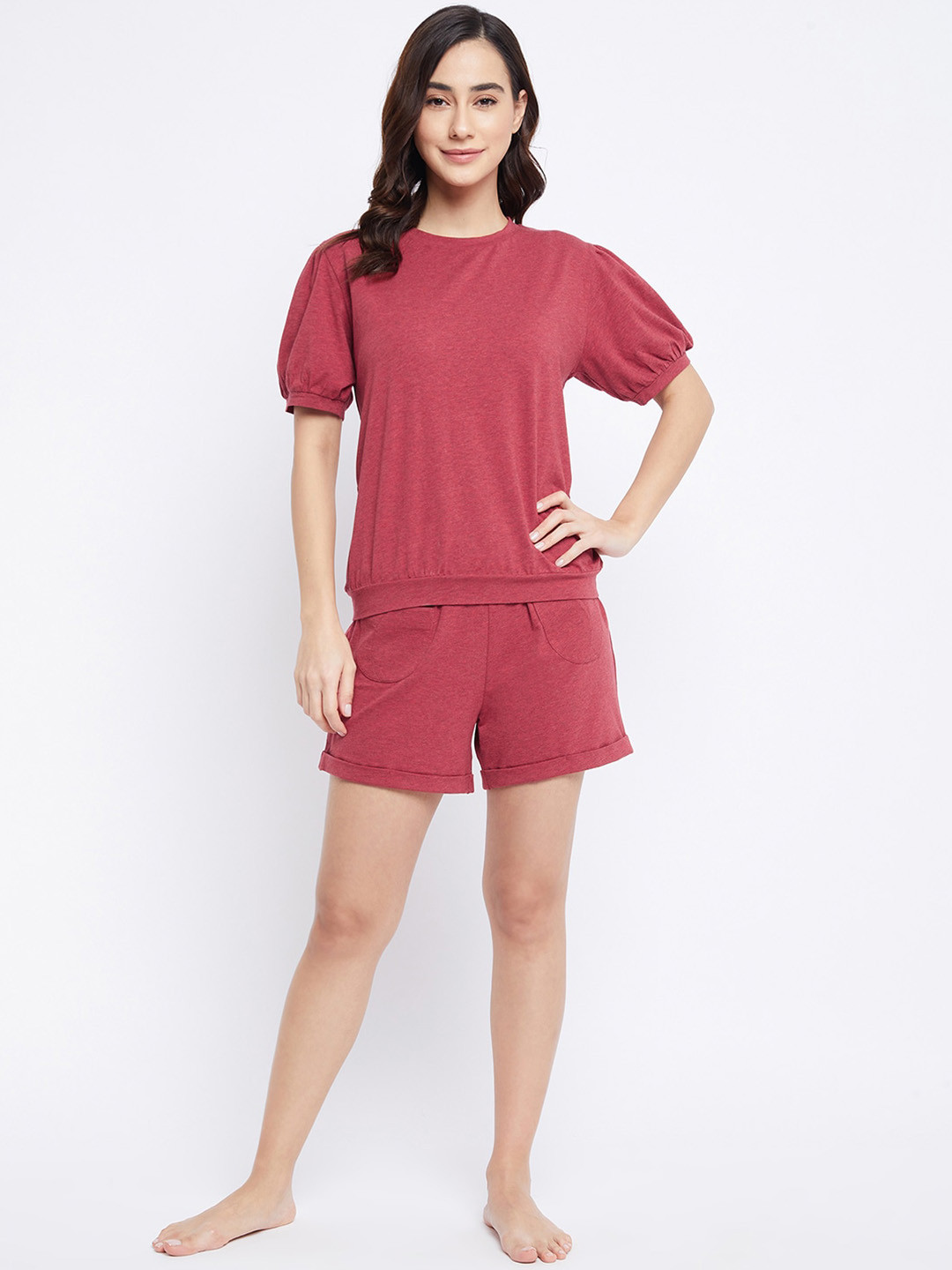 

CHILL WINSTON Round Neck Puff Sleeves Pure Cotton Night suit, Red