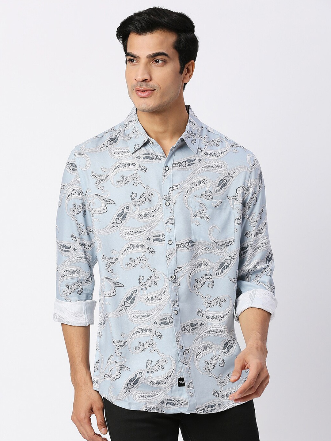 

VALEN CLUB Ethnic Motifs Printed Slim Fit Casual Shirt, Blue