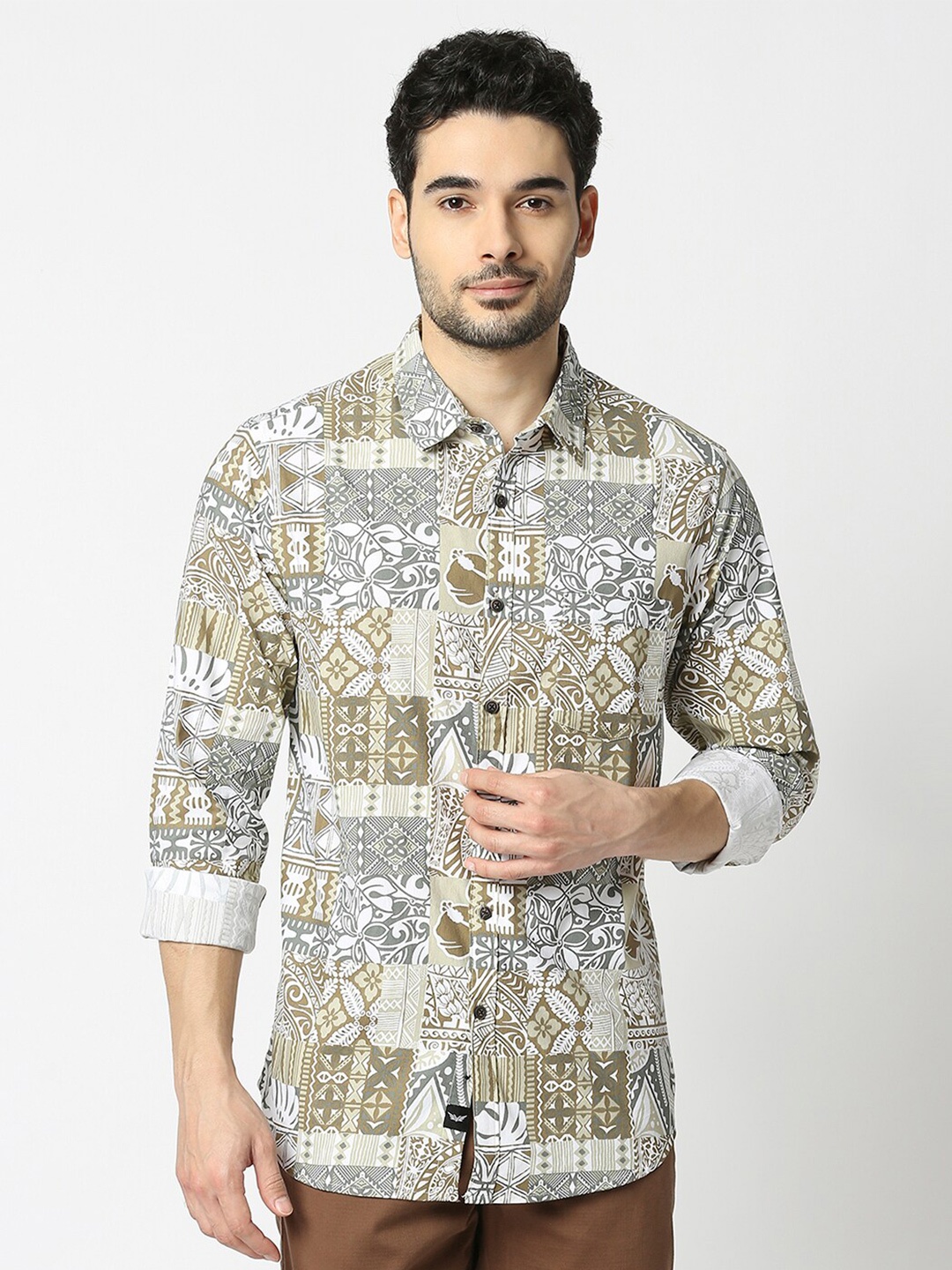 

VALEN CLUB Ethnic Motifs Printed Slim Fit Casual Shirt, Brown