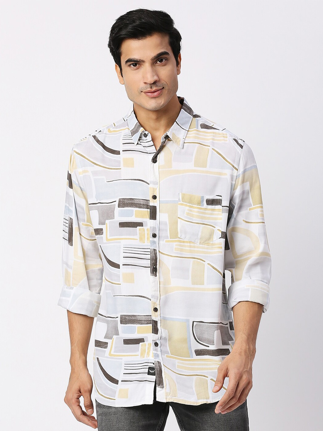 

VALEN CLUB Abstract Printed Slim Fit Casual Shirt, Blue