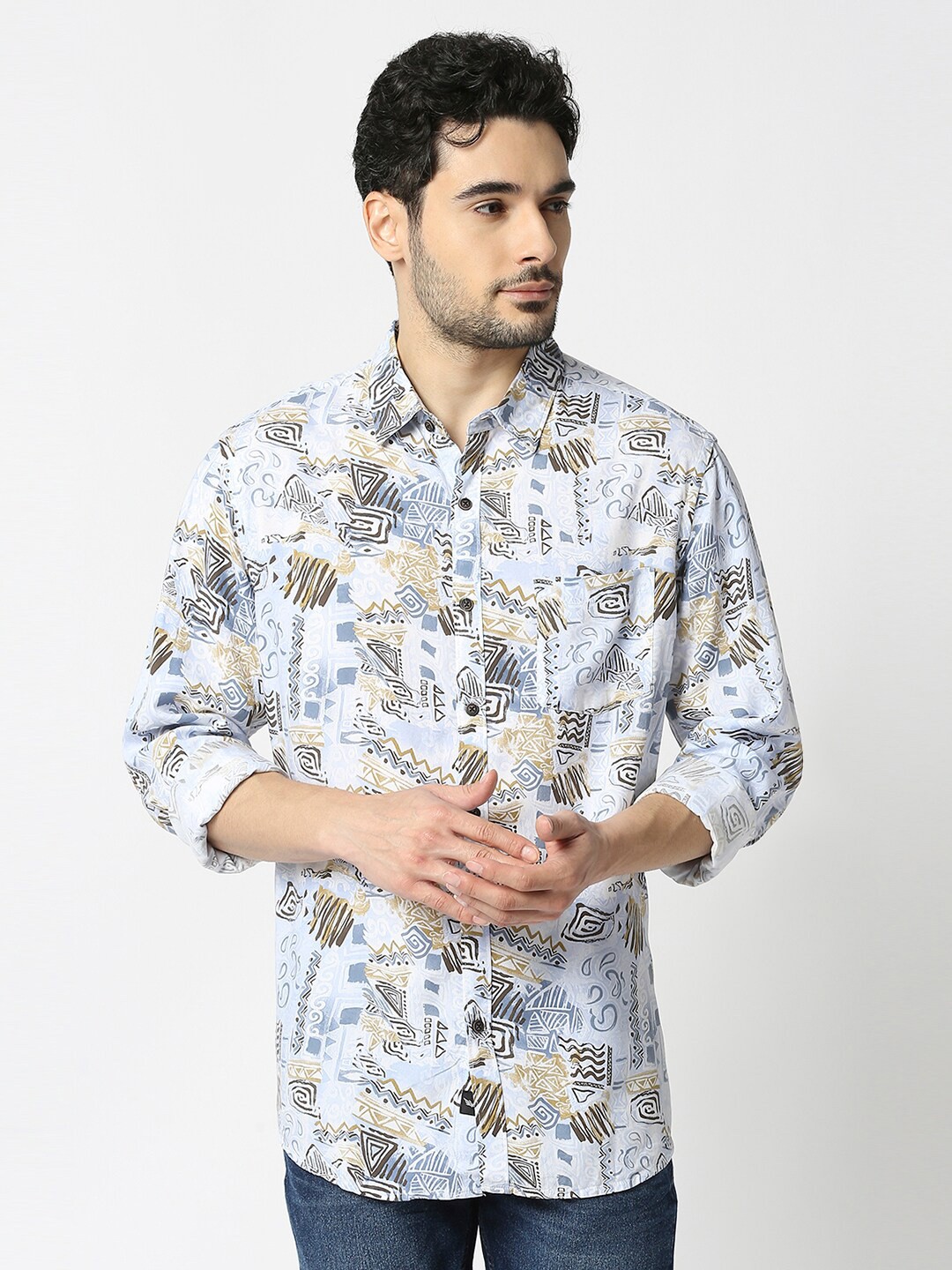 

VALEN CLUB Abstract Printed Slim Fit Cotton Casual Shirt, Blue