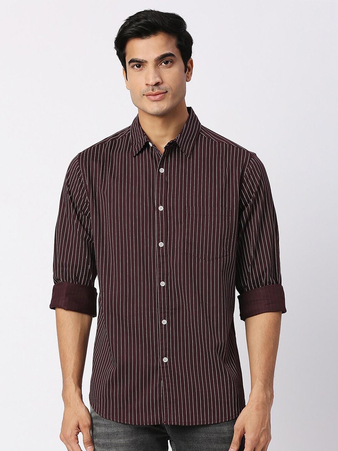 

VALEN CLUB Striped Slim Fit Cotton Casual Shirt, Maroon