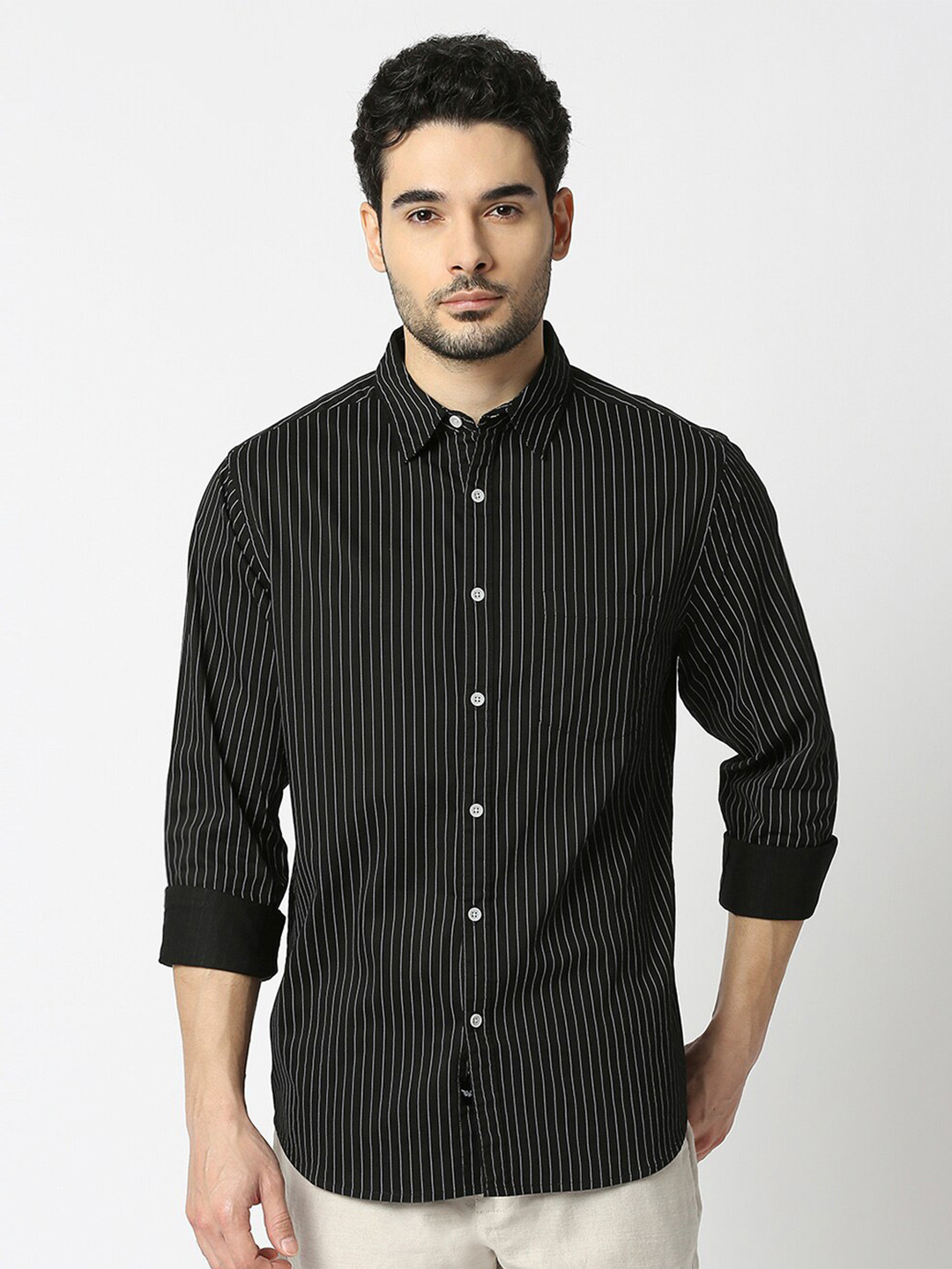 

VALEN CLUB Striped Slim Fit Opaque Cotton Casual Shirt, Black