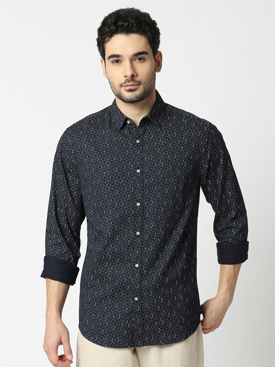 

VALEN CLUB Micro Ditsy Printed Slim Fit Floral Opaque Cotton Casual Shirt, Blue