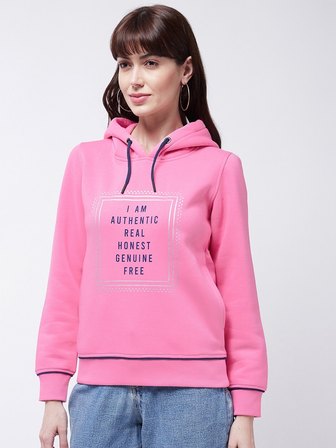 

Modeve Typography Printed Hooded Ribbed Sweatshirt, Pink