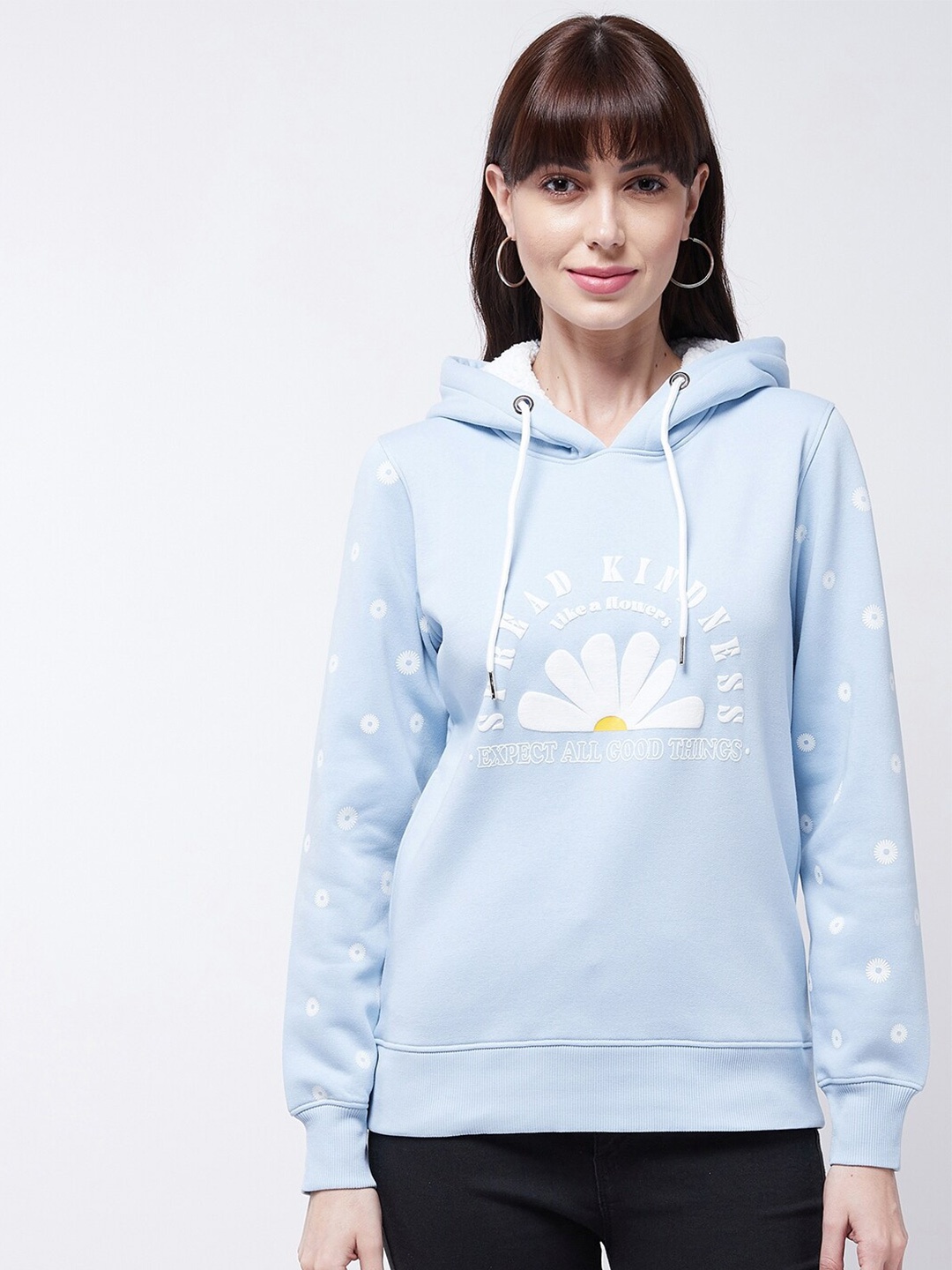 

Modeve Typography Printed Hooded Ribbed Sweatshirt, Blue
