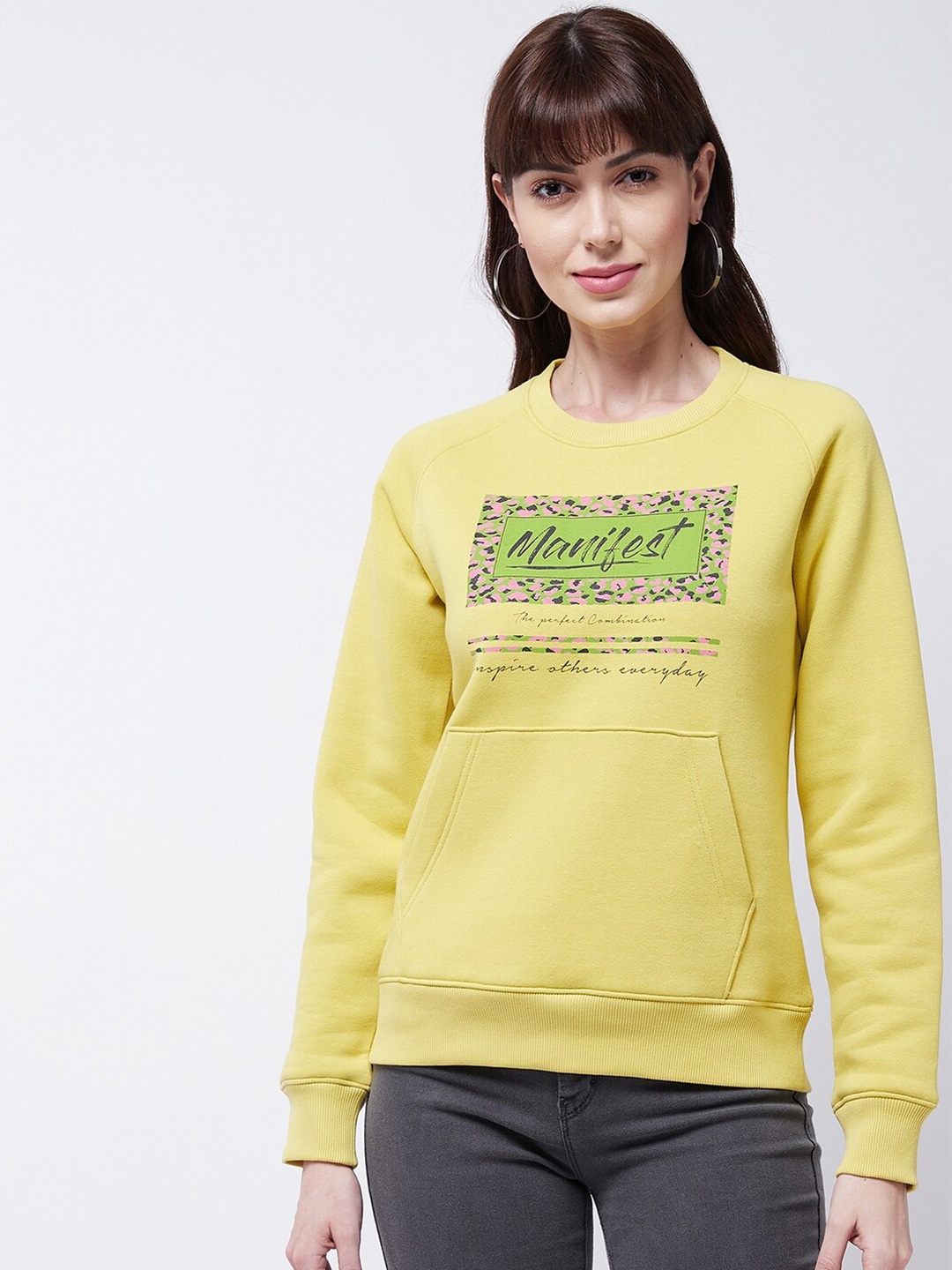 

Modeve Typography Printed Kangaroo Pocket Ribbed Sweatshirt, Mustard