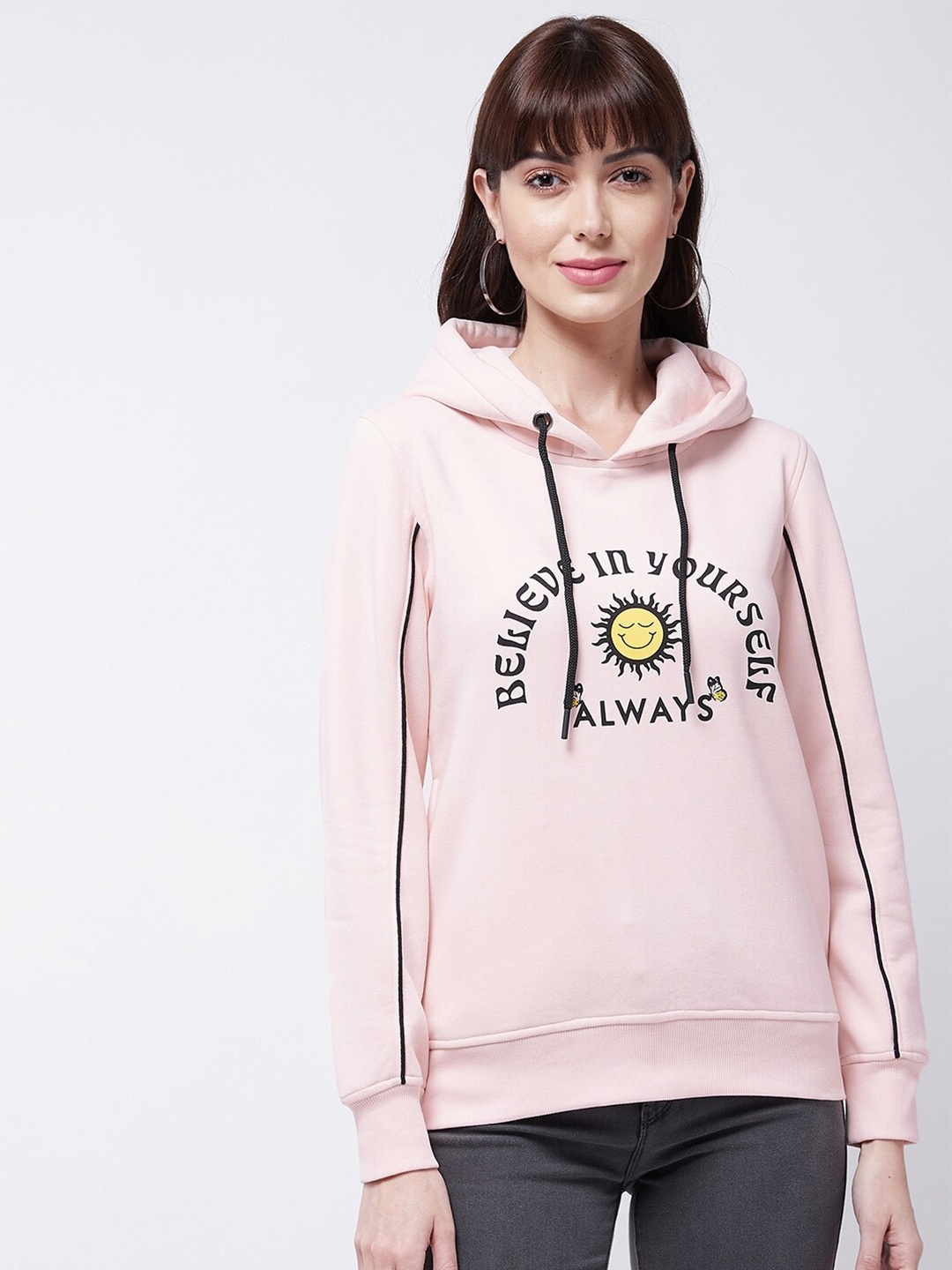 

Modeve Typography Printed Hooded Ribbed Sweatshirt, Peach