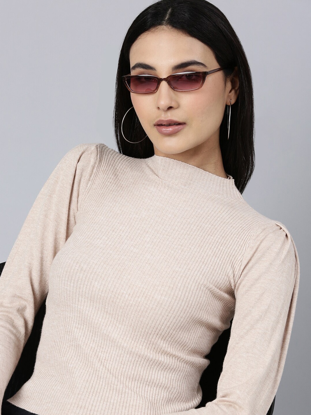 

SHOWOFF Round Neck Puff Sleeves Acrylic Fitted Top, Beige