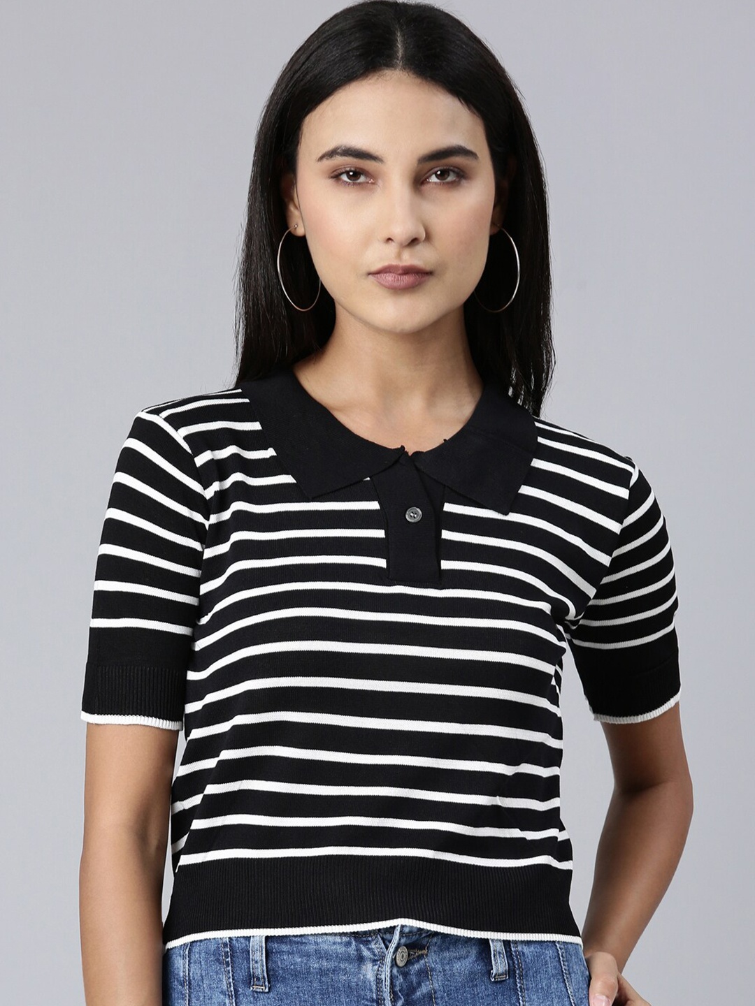 

SHOWOFF Striped Polo Collar Acrylic Crop T-shirt, Black